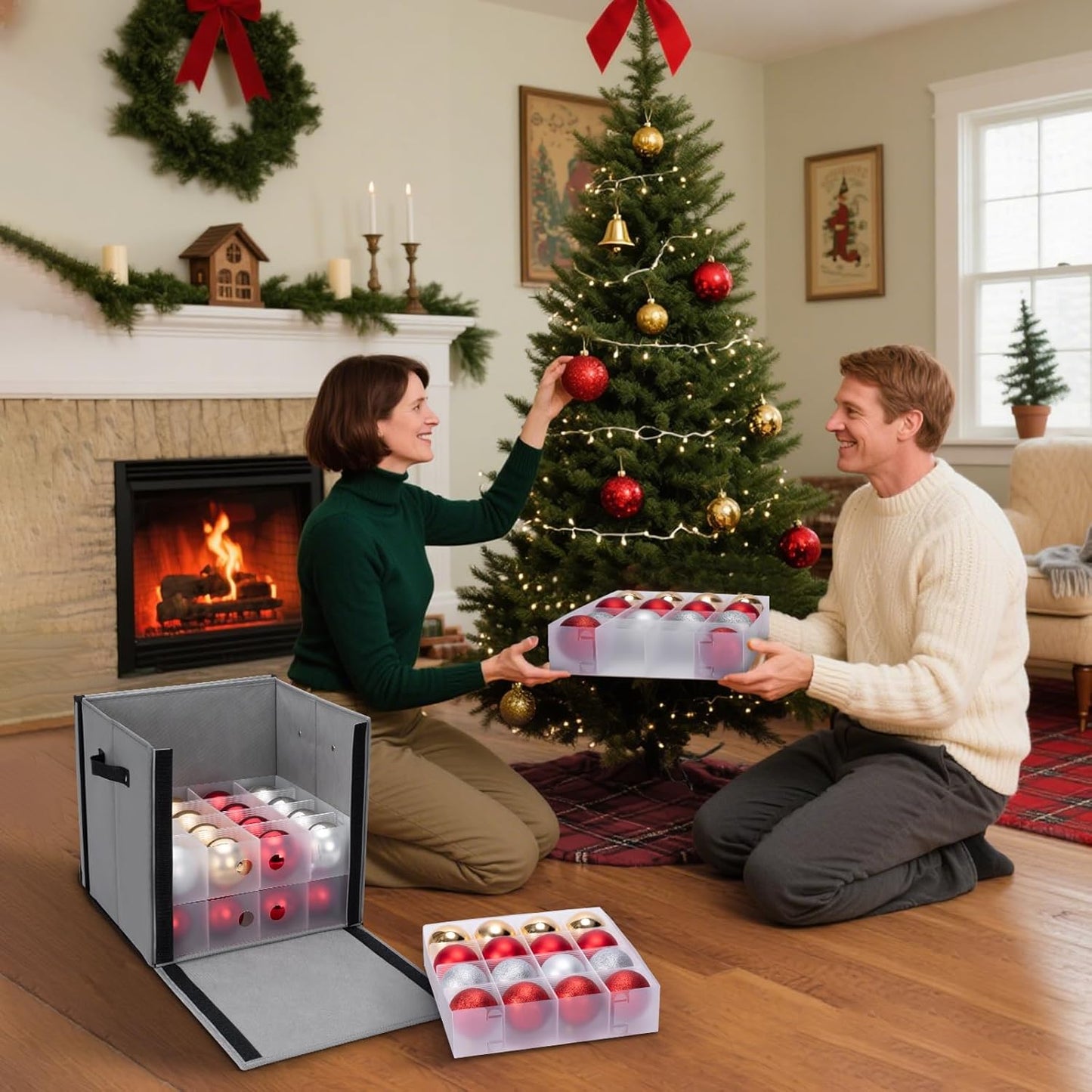 BALEINE Christmas Ornament Storage Box - Premium Container with Dividers for 64 Balls | Black Hard Shell