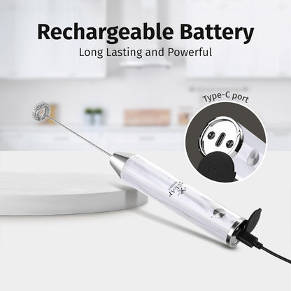 Zulay Kitchen Rechargeable Milk Frother Handheld Lux - Powerful 2-Speed Motor, Waterproof, 2000mAh Battery - Drink Mixer for Latte, Cappuccino, Matcha & Protein Powder - White Marble