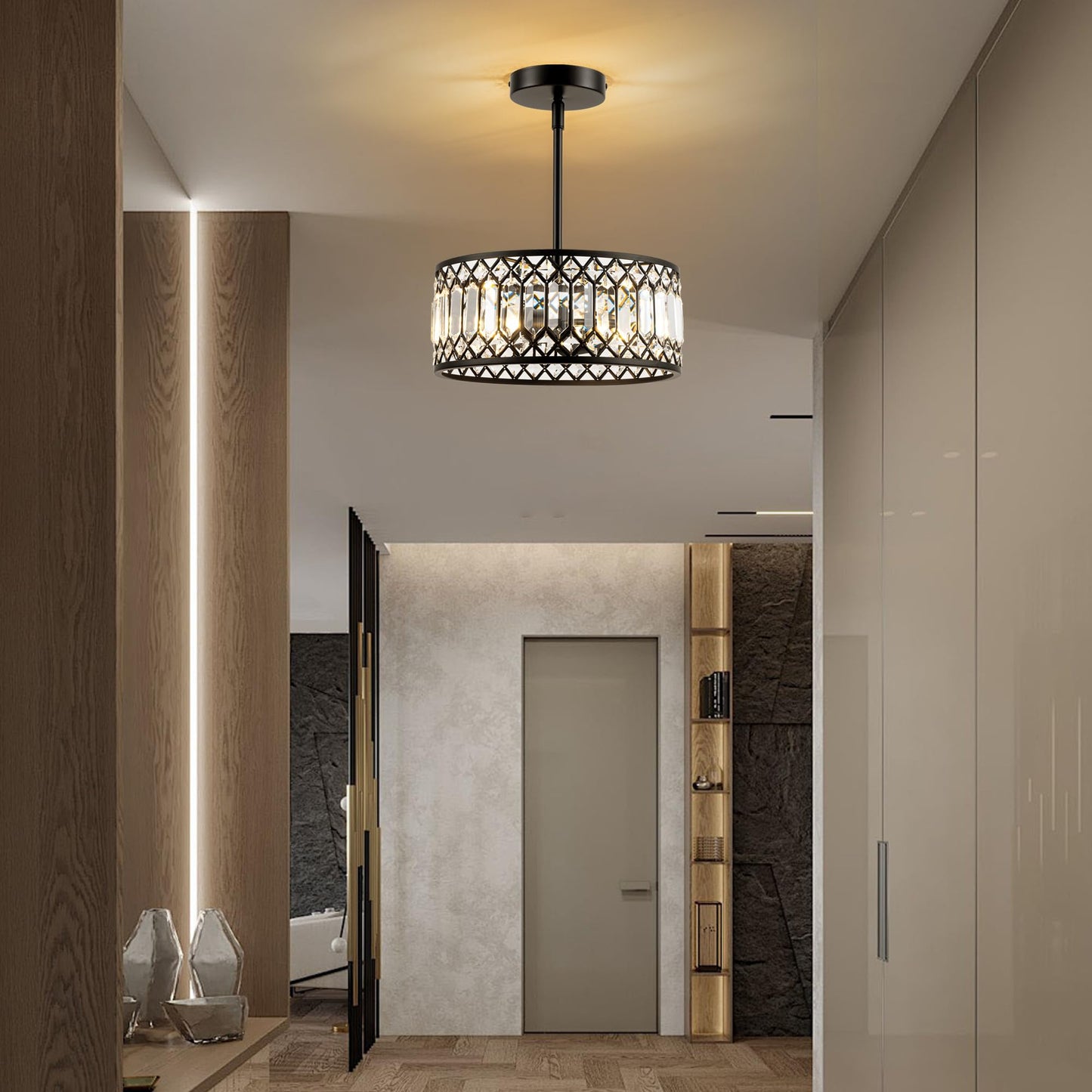 Rpzloila 2-Light Crystal Ceiling Light Fixture, Modern Semi Flush Mount Ceiling Light, Black Crystal Chandelier for Kitchen Bedroom Bathroom Entryway Hallway