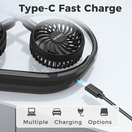 COMLIFE Portable Neck Fan, 2600mAh Battery Operated Ultra Quiet Hands Free USB Fan with Strong Wind, 360° Adjustable High Flexibility Wearable Personal Fan for Home Office Outdoor Travel (Black)