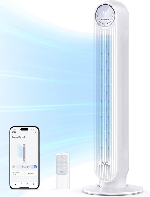 DREO Bladeless Tower Fan - Smart 90° Oscillating Floor Fan with 4 Modes, Remote & WiFi Control