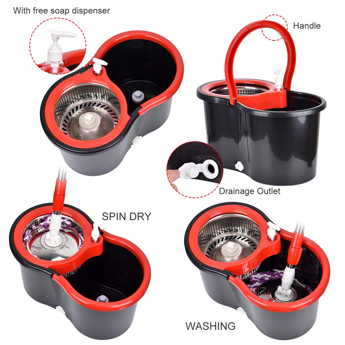 Mop and Bucket Set, 360° Spin Mop and Bucket with Wringer Set and 3 Microfiber Mop Refills, Stainless Steel 61" Extended Handle Spinning Mop Bucket System for Floor Cleaning