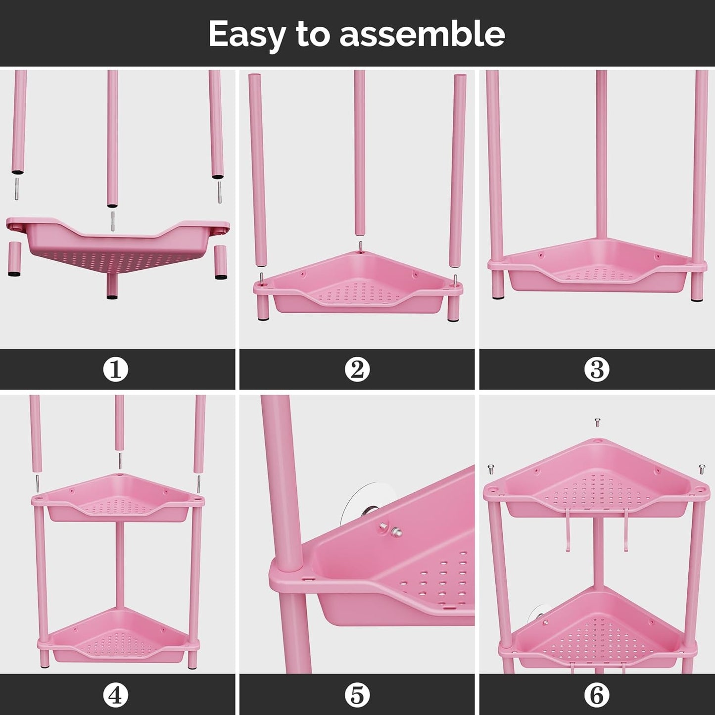 Orimade 4-Tier Rustproof Corner Shower Caddy Organizer - Durable Plastic & Metal, Pink, 10.8 x 10.8 x 44.6 Inches