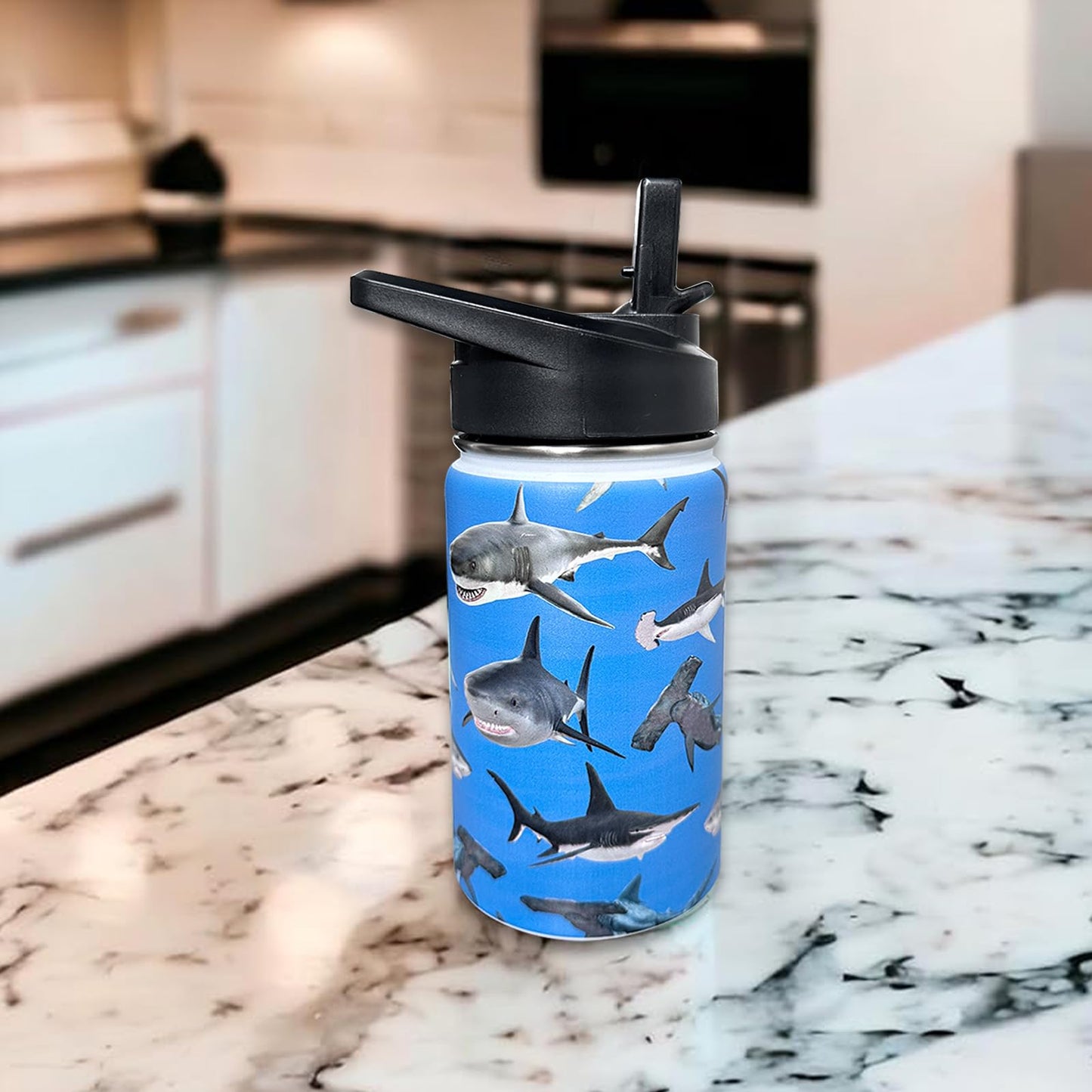 XDMXY Shark Hammerhead Shark Kids Water Bottle for School with Straw Lid,12oz Stainless Steel Insulated Water Bottle for Boys & Girls,Leak Proof Lid with Handle & Touch Free Spout (A08)