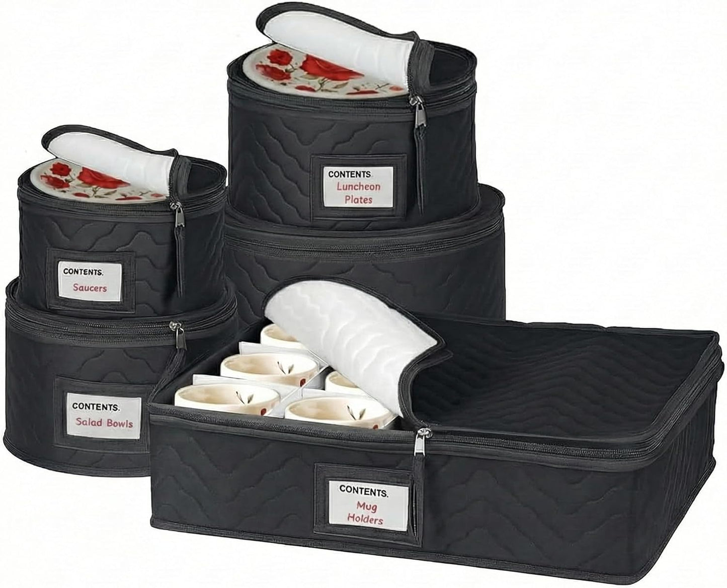 China Storage Containers - 5-Piece Quilted Microfiber Dish Organizer Set for Dinnerware | Holds 12, Black