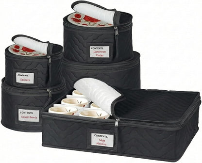 China Storage Containers - 5-Piece Quilted Microfiber Dish Organizer Set for Dinnerware | Holds 12, Black