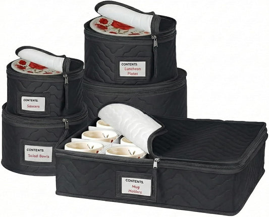 China Storage Containers - 5-Piece Quilted Microfiber Dish Organizer Set for Dinnerware | Holds 12, Black