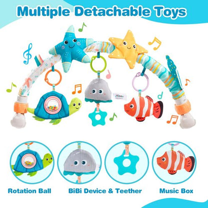 Jollybaby Musical Bassinet Stroller Crib Mobile Toy for Baby 0-6-12 Months, Infant Clip On Arch Hanging Toy with Music Box for Bjorn Bouncer, Portable Mobile Attachment Toy for Newborn Gift - Starfish