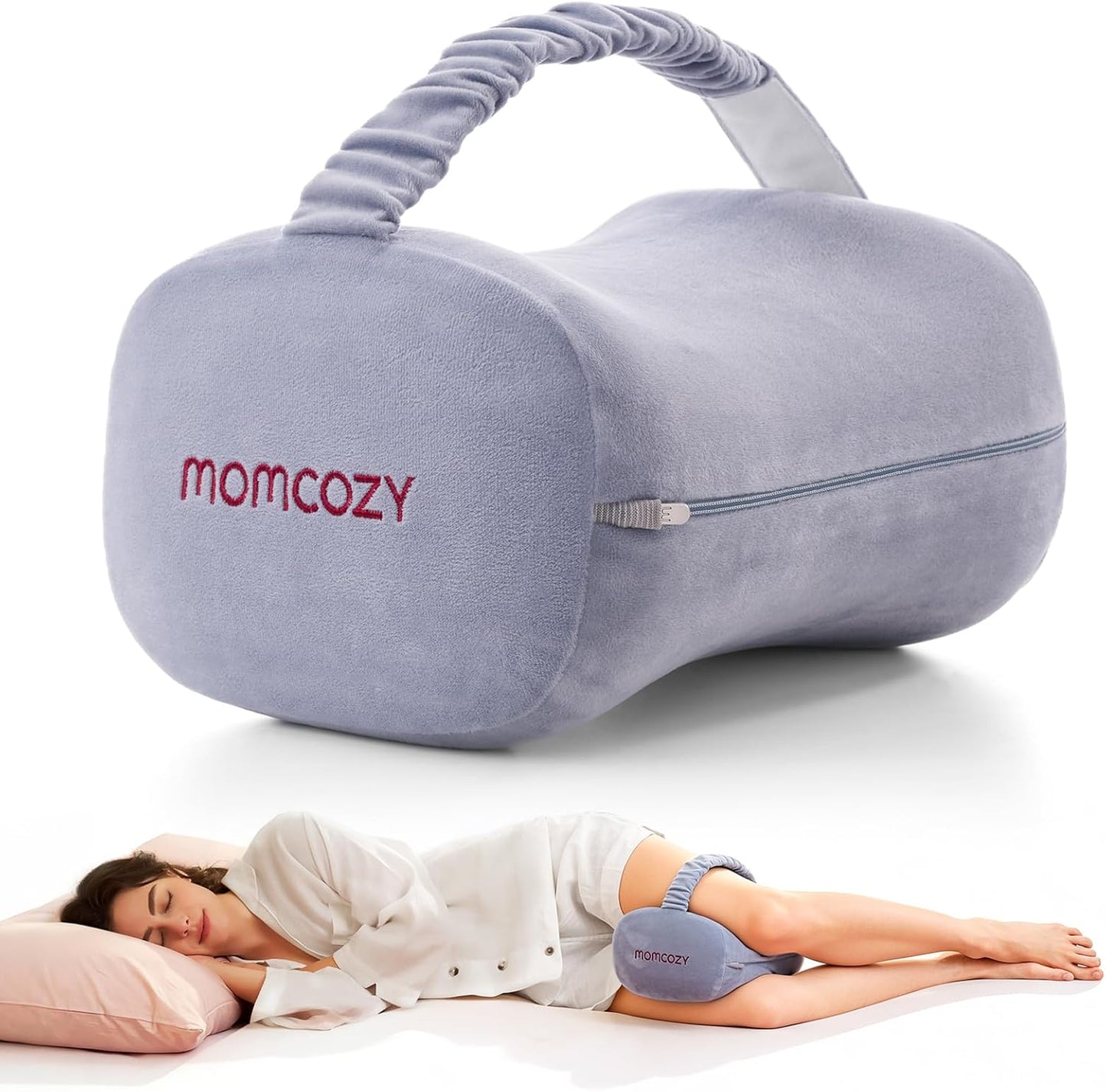 Momcozy Knee Pillow - Soft Memory Foam for Side Sleepers | Adjustable Elastic Strap, Gray Crystal Velvet