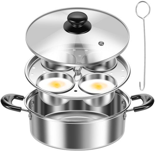 Egg Poacher Pan Stainless Steel Poached Egg Maker with 4 Cups Nonstick Stovetop Egg Cooker Pot for Induction Cooktop (Silver, 1-Pack)