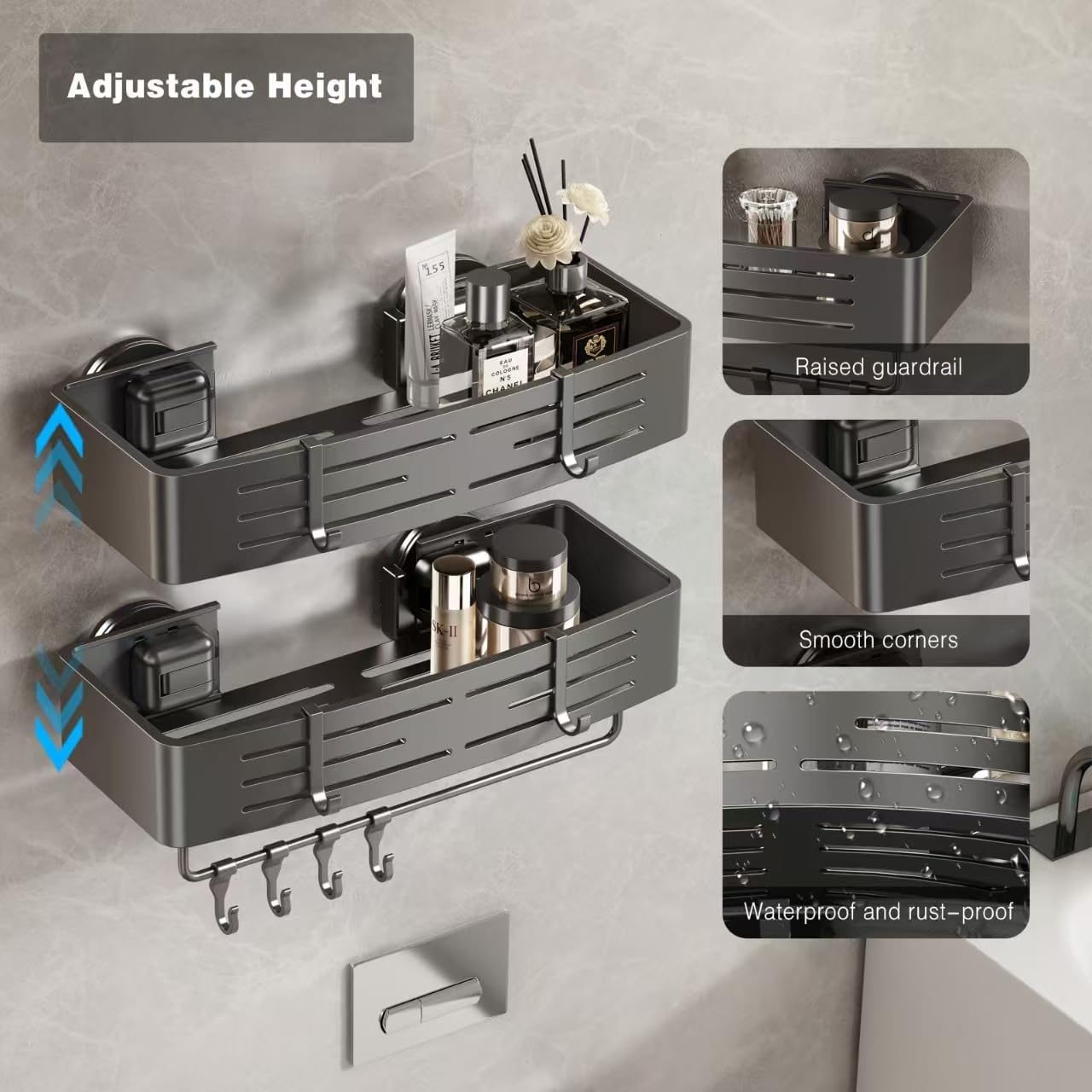 Voldra Shower Caddy - Suction Cup Shower Shelves with Towel Bar & Hooks | No Drilling, Gray, 2 Pack