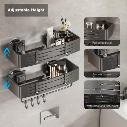 Voldra Shower Caddy - Suction Cup Shower Shelves with Towel Bar & Hooks | No Drilling, Gray, 2 Pack