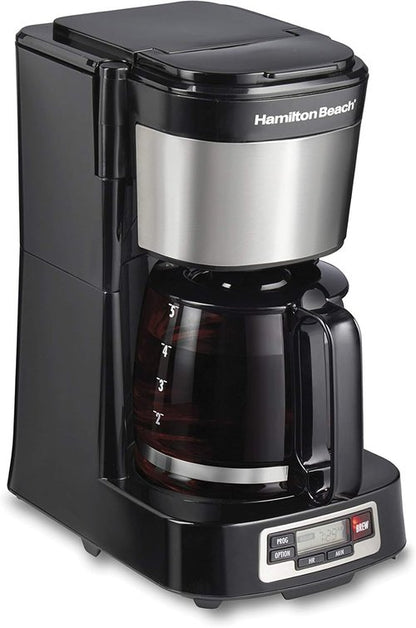 Hamilton Beach 5 Cup Drip Coffee Maker - Compact Design, Programmable Clock, Auto Pause & Pour, Black & Stainless Steel