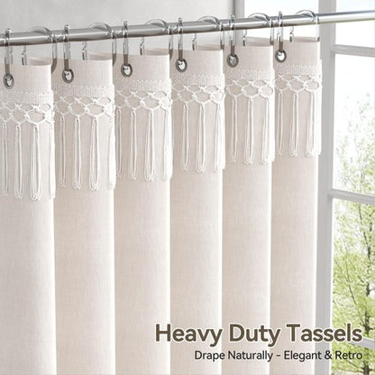AmazerBath Boho Farmhouse Shower Curtain Beige with Top Tassels, Faux Linen Fabric Neutral Shower Curtain Set with Hooks, Water Repellent, 72x72 Inches