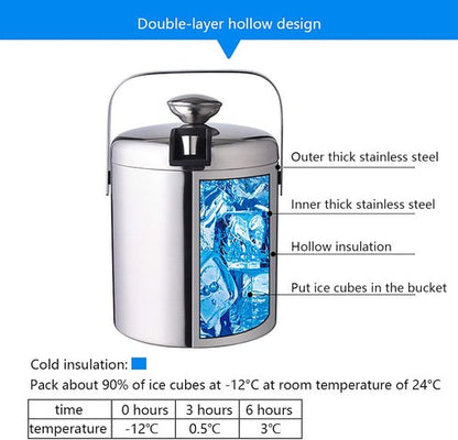 1.3L Stainless Steel Ice Bucket - Double Wall Insulated w/Lid & Scoop, Keeps Ice Cold for Hours (Perfect for Wine, Champagne, Cocktails)