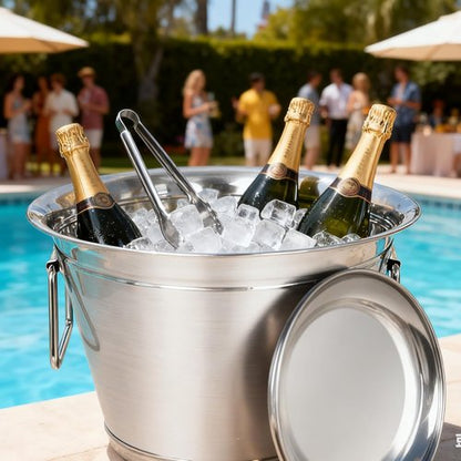 Large 16L Stainless Steel Ice Bucket for Parties – Stainless Steel High-Capacity Beverage Tub with Scoop & Tongs, Party Drink Chiller for Catering, Outdoor Events, Backyard BBQ