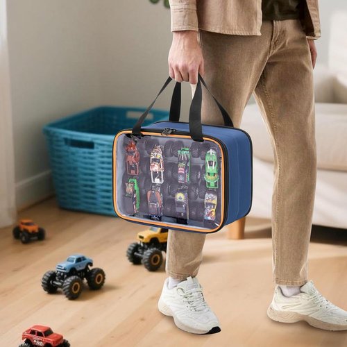 LUXJA Double Layer Storage Bag - PVC Carrying Case for Hot Wheels Monster Trucks | Holds Up to 14 Cars, Blue