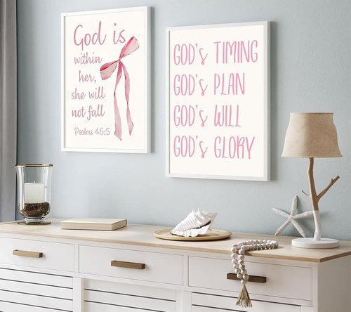 Coquette Pink Bow Canvas Wall Art - Inspirational Christian Bible Verses for Girls' Room | 12"x16" Unframed