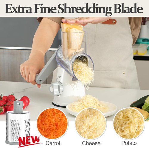 Cambom 5-in-1 Rotary Cheese Grater - Hand Crank Shredder with Non-Slip Base & Five Blades - White