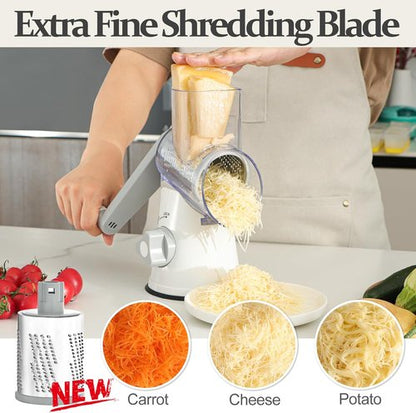 Cambom 5-in-1 Rotary Cheese Grater - Hand Crank Shredder with Non-Slip Base & Five Blades - White