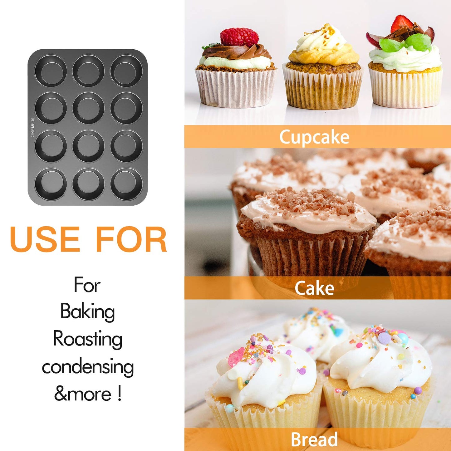 CHEFMADE 12 Cups Muffin Pan Set, 2 Packs Bakeware Non-Stick Cupcake Baking Pan Heavy Duty Carbon Steel Pan Muffin Tins Standard Baking Mold for Cakes