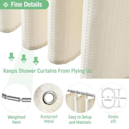Dynamene Stall Fabric Shower Curtain - 60 x 84 inch Waffle Weighted Thick Cloth Shower Curtain for Bathroom, Cream/Ivory