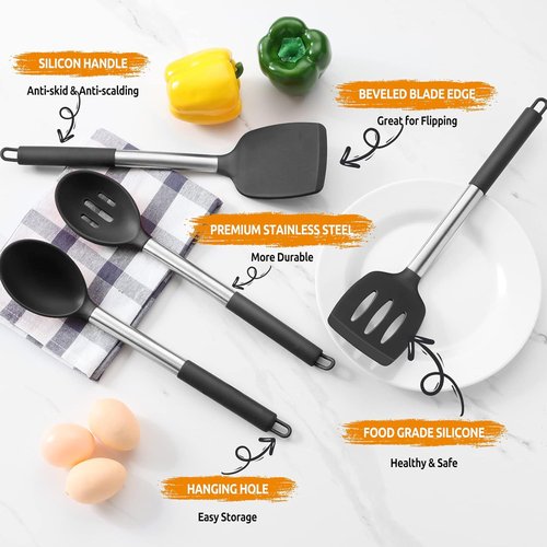 E-far Silicone Cooking Utensils Set - Heat Resistant & Non-Toxic for Non-Stick Cookware | 4-Piece Black Set