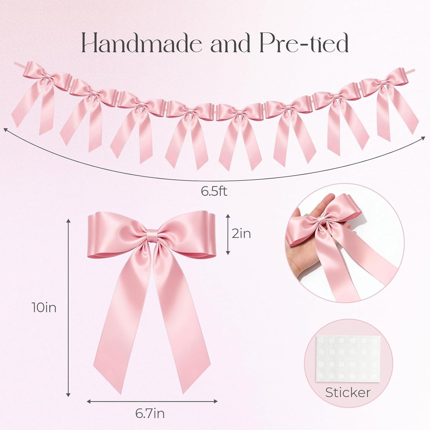 Skiennix Pink Bow Garland Banner - 8 Pre-Strung Double-Layer Satin Ribbon Bows | Reusable Valentine's Day Decor for Baby Showers & Parties