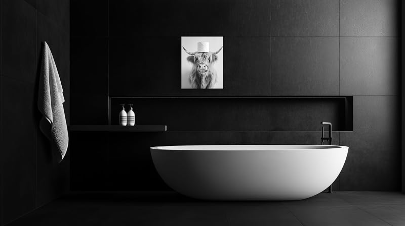 Highland Cow Wall Art 24x36 — Funny Toilet Room Decor, Black & White Canvas