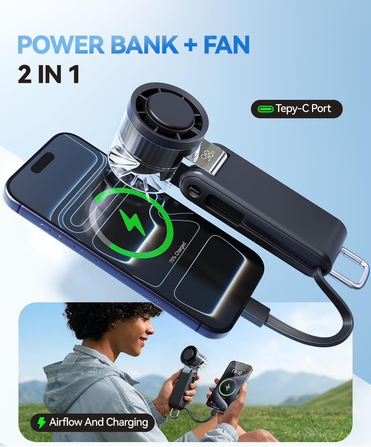 Skiennix Portable Handheld Fan - 4000mAh Power Bank & 100-Speed Turbo Fan | Foldable for Travel & Camping