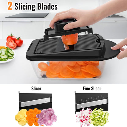 Skiennix 8-Blade Vegetable Chopper - All-in-One Mandoline Slicer with Container | Black Kitchen Essential