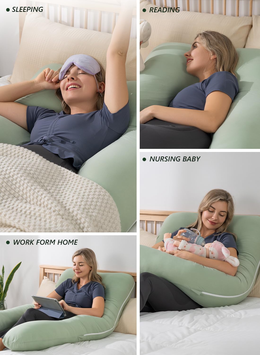 Meiz U-Shaped Pregnancy Pillow - Cooling Maternity Body Pillow for Comfort | 55 Inch Sage Green Rayon Cover