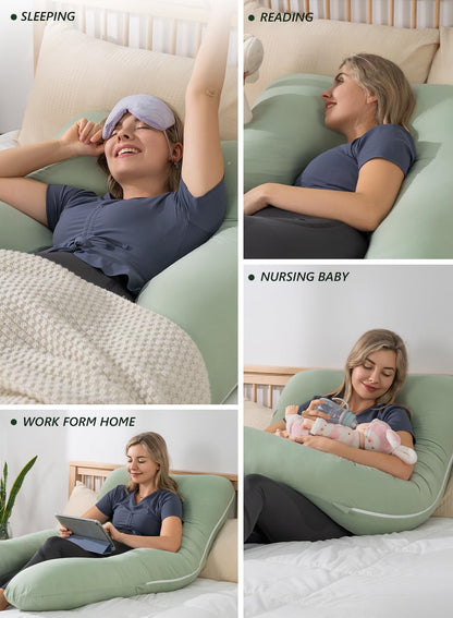 Meiz U-Shaped Pregnancy Pillow - Cooling Maternity Body Pillow for Comfort | 55 Inch Sage Green Rayon Cover