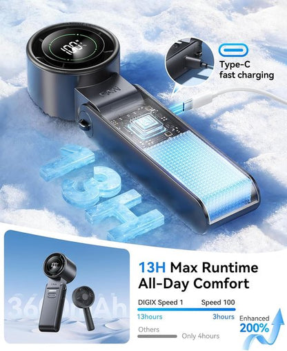 DIGIX Mini Portable Handheld Fan - USB Rechargeable Personal Cooling Device with 100 Speeds & 120° Rotation | Black