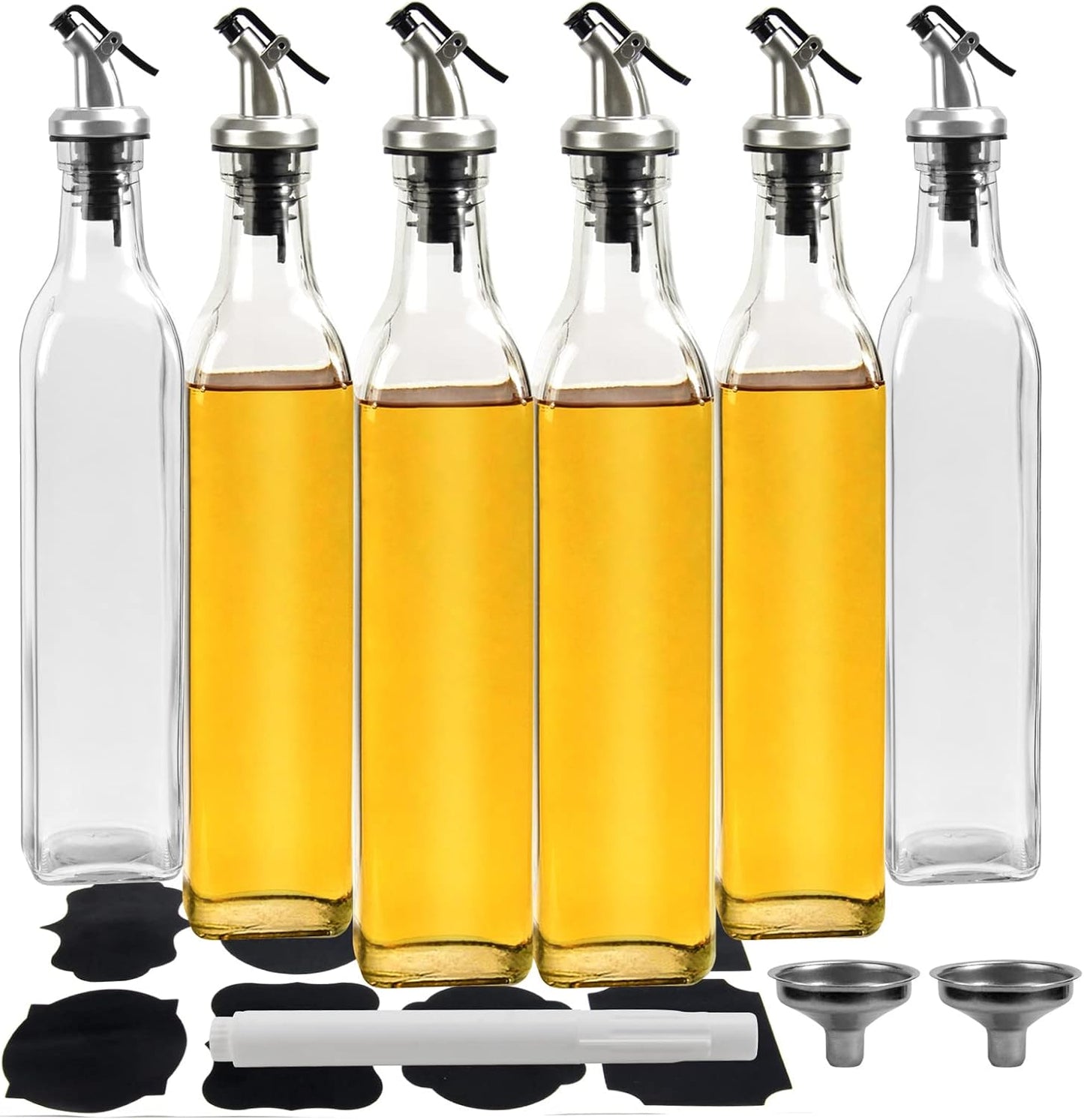YULEER Olive Oil Bottle Dispenser, 6 Pack 17oz / 500ml Glass Oil and Vinegar Dispenser Bottles for Kitchen with Airtight Nozzle Plug & Pouring Spouts