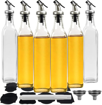 YULEER Olive Oil Bottle Dispenser, 6 Pack 17oz / 500ml Glass Oil and Vinegar Dispenser Bottles for Kitchen with Airtight Nozzle Plug & Pouring Spouts