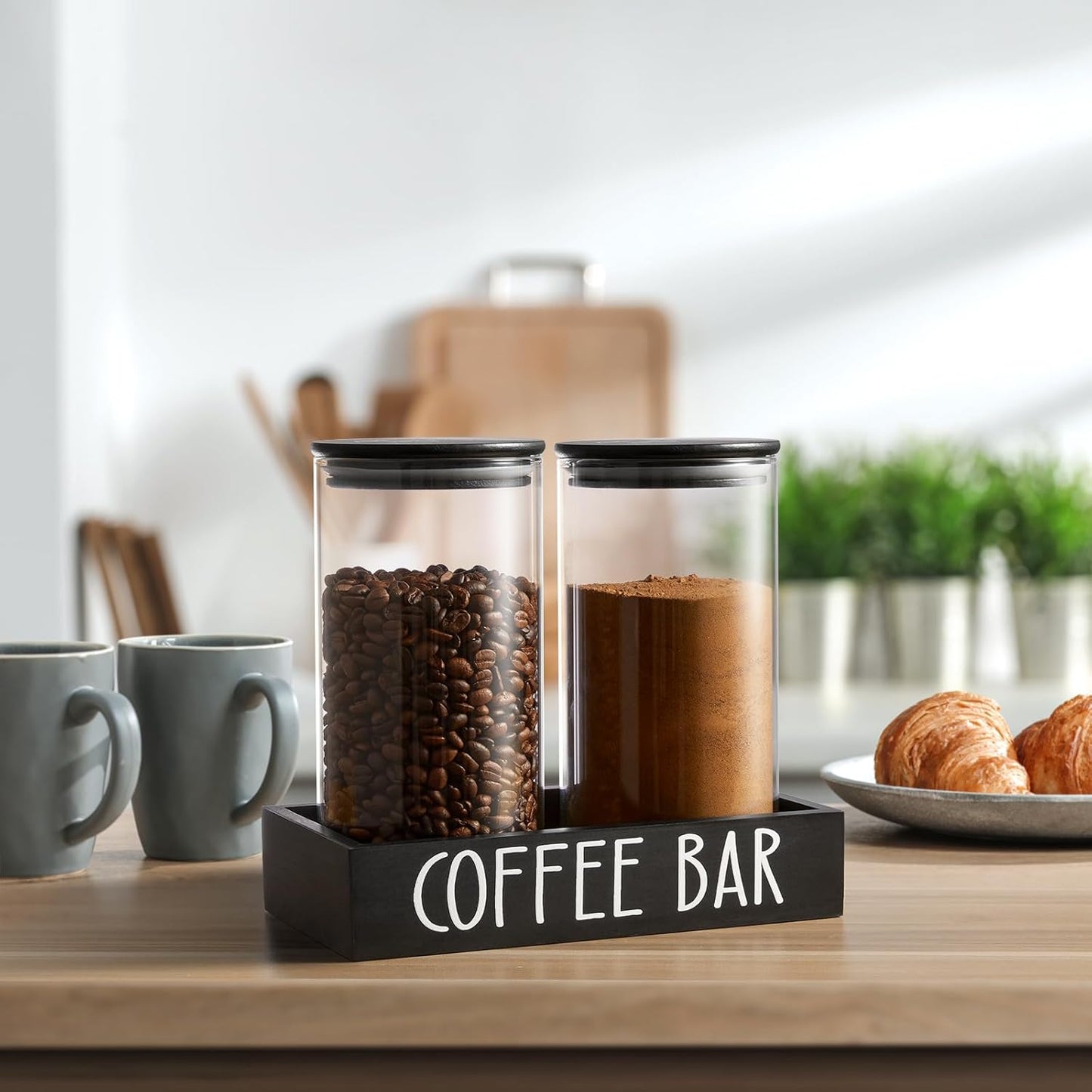 Skiennix Glass Coffee Canister Set - 2Pcs 45oz Airtight Containers with Bamboo Lids & Black Tray | Farmhouse Decor