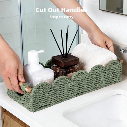 CubesLand Bathroom Basket Organizer - Scalloped Wicker Storage Tray with Cut-Out Handle | Green