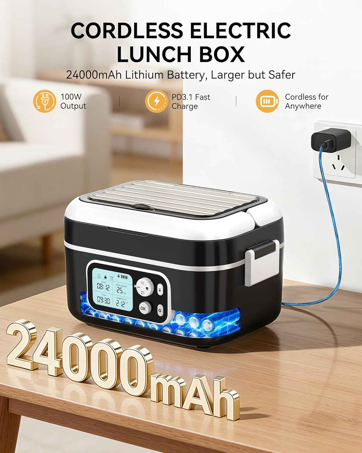 Yofidra Heated Lunch Box - Cordless 24000mAh Electric Food Warmer with Smart Timer | 6.3-Cup Capacity, Black
