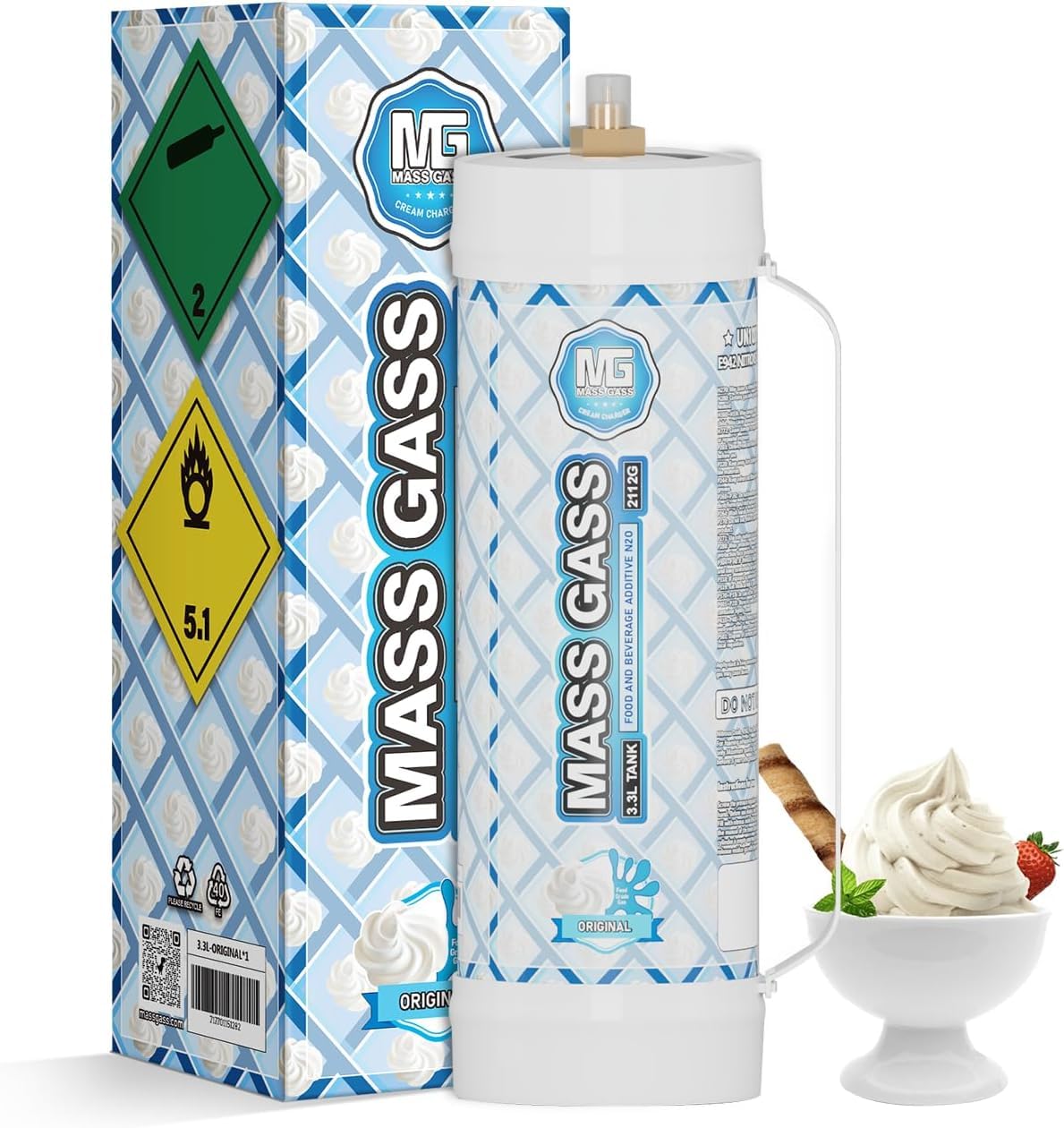 MassGass Whipped Cream Charger 2112g 3.3L Cream Chargr Unflavored Food Grade 99.9% Purity, 1-Pack