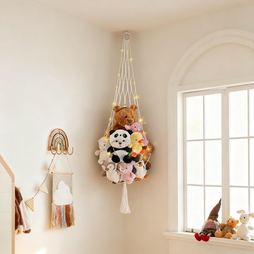 CERETIA Stuffed Animal Hammock Corner Net Plushies Storage Hammock for Stuffed Animals Boho Room Decor Macrame Wall Decor with LED Light