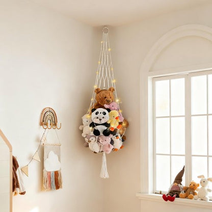 CERETIA Stuffed Animal Hammock Corner Net Plushies Storage Hammock for Stuffed Animals Boho Room Decor Macrame Wall Decor with LED Light