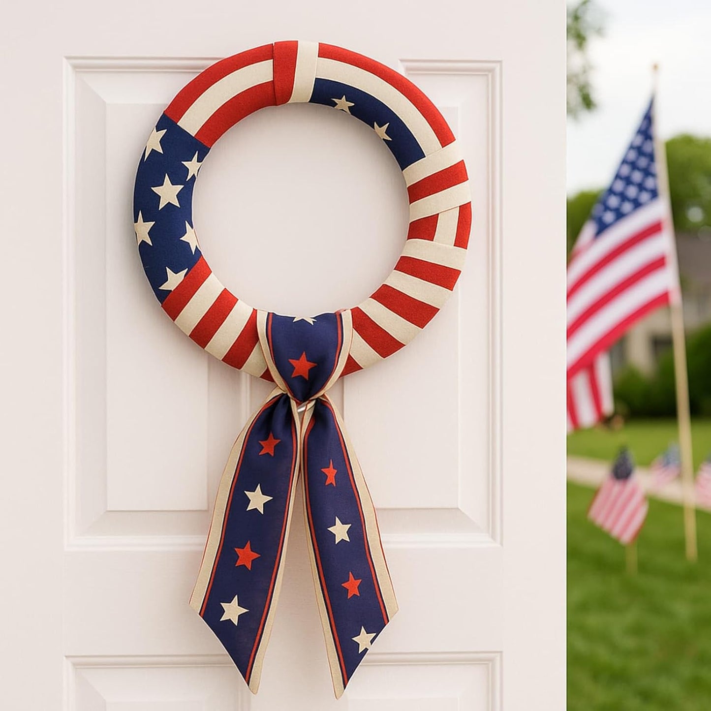 YKW Patriotic Wreath Sash - Premium Multi-Layer Red, White & Blue Stars & Stripes | 5" W x 56" L for 4th of July Decor