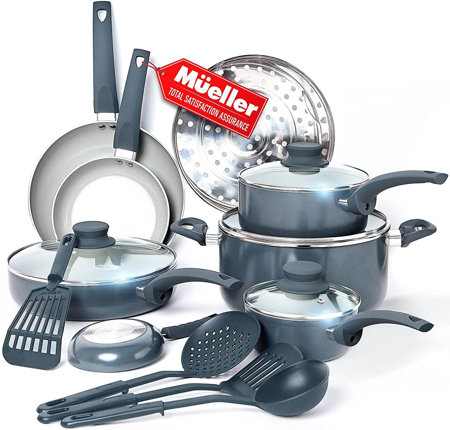 Mueller 16-Piece Nonstick Stone Cookware Set - PFOS/PFOA-Free, Stainless Steamer and Fry Pan, Vented Lids - Light Grey