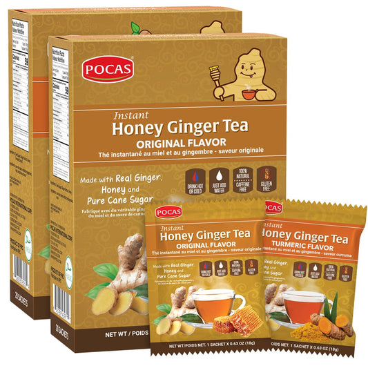 Pocas Honey Ginger Tea Variety Set - Instant Tea Powder Packets, Ginger Honey Crystals Tea, Original & Turmeric Flavors, Non-GMO/Gluten Free/Caffeine Free Tea, 20 Count (Pack of 2)