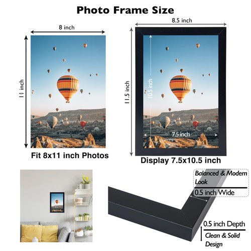 JCJMY 8x11 Picture Frame Black for Wall Hanging or Tabletop- Wall Mounting Horizontally or Vertically, 8 x 11 Wall Gallery Poster Photo Frame for 8 by 11 Photo, Black