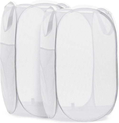 Handy Laundry Collapsible Mesh Pop-Up Hamper - Space-Saving 2-Pack with Wide Opening & Side Pocket | Durable & Breathable (White)