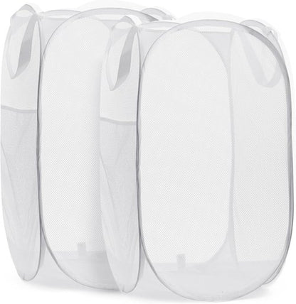 Handy Laundry Collapsible Mesh Pop-Up Hamper - Space-Saving 2-Pack with Wide Opening & Side Pocket | Durable & Breathable (White)