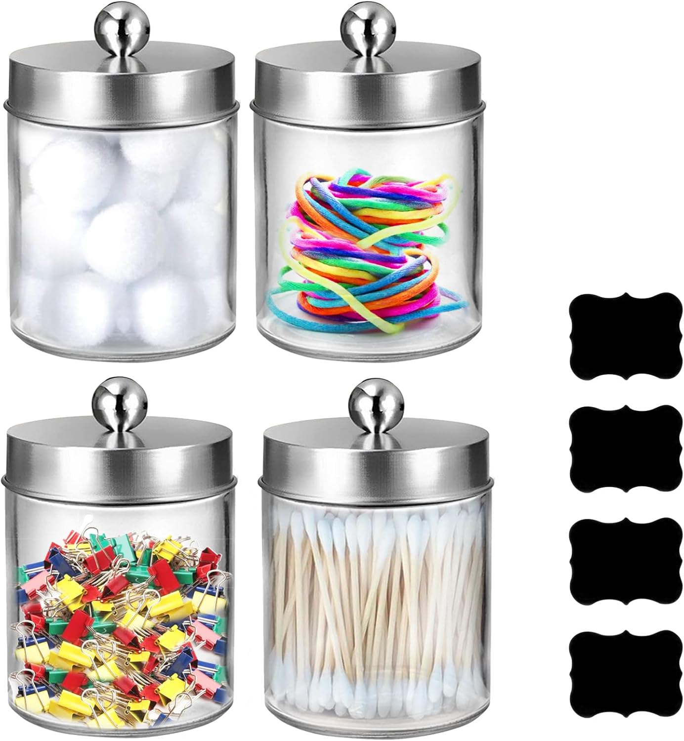Qtip Holder Set by [Brand Name] - Clear Plastic Apothecary Jars with Lids for Cotton Swabs | 4 Pack