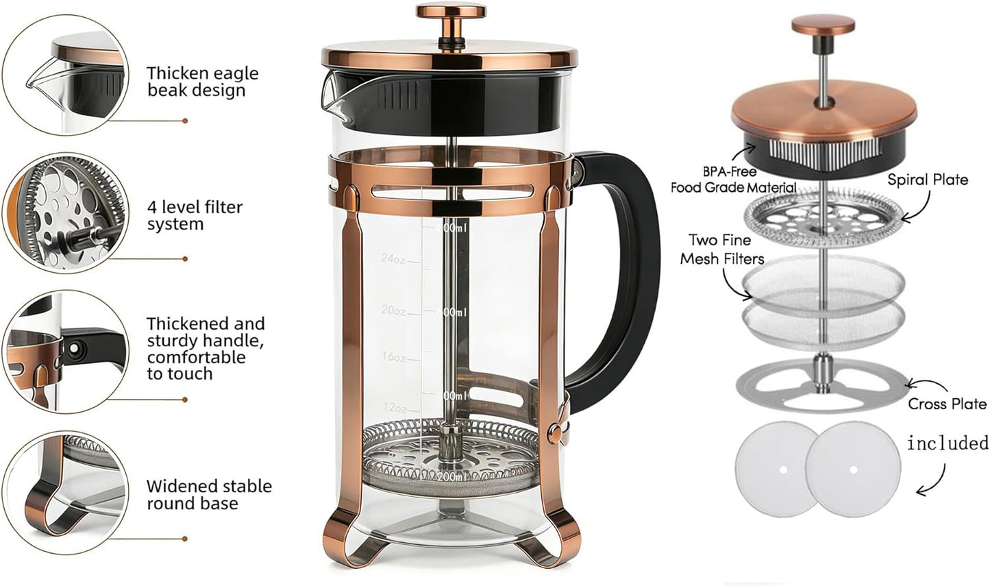 Skiennix French Press Coffee Maker - 21 oz Stainless Steel & Borosilicate Glass | Heat-Resistant, BPA-Free